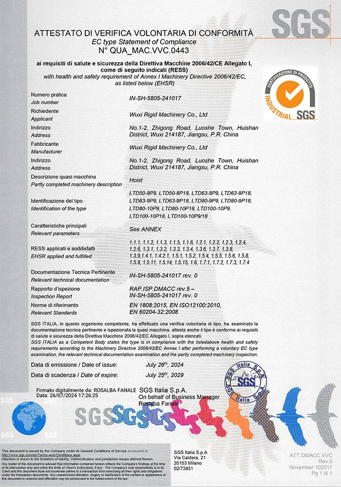 Lift SGS certificaat QUA MAC.VVC.0443_IN-SH-5805-241017